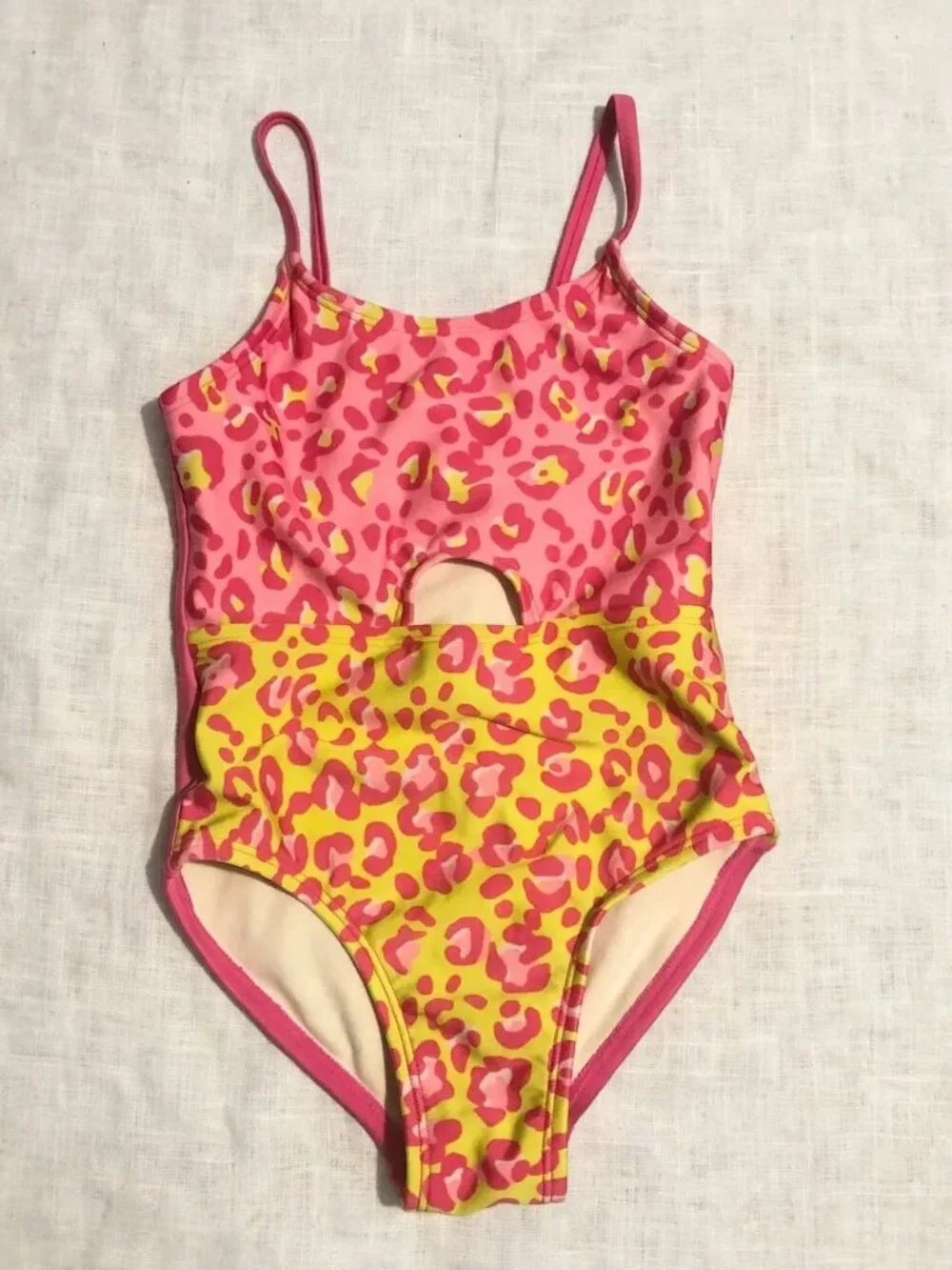 Girls Neon Leopard Swimsuit 4/5 | Pink Yellow Cutout One Piece Bathing Suit